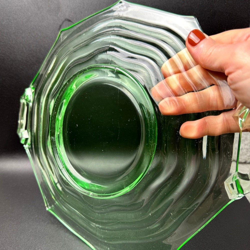 Jenkins Ocean Wave Uranium Glass Handled Cake Plate Platter #190 Depression - Picture 8 of 16